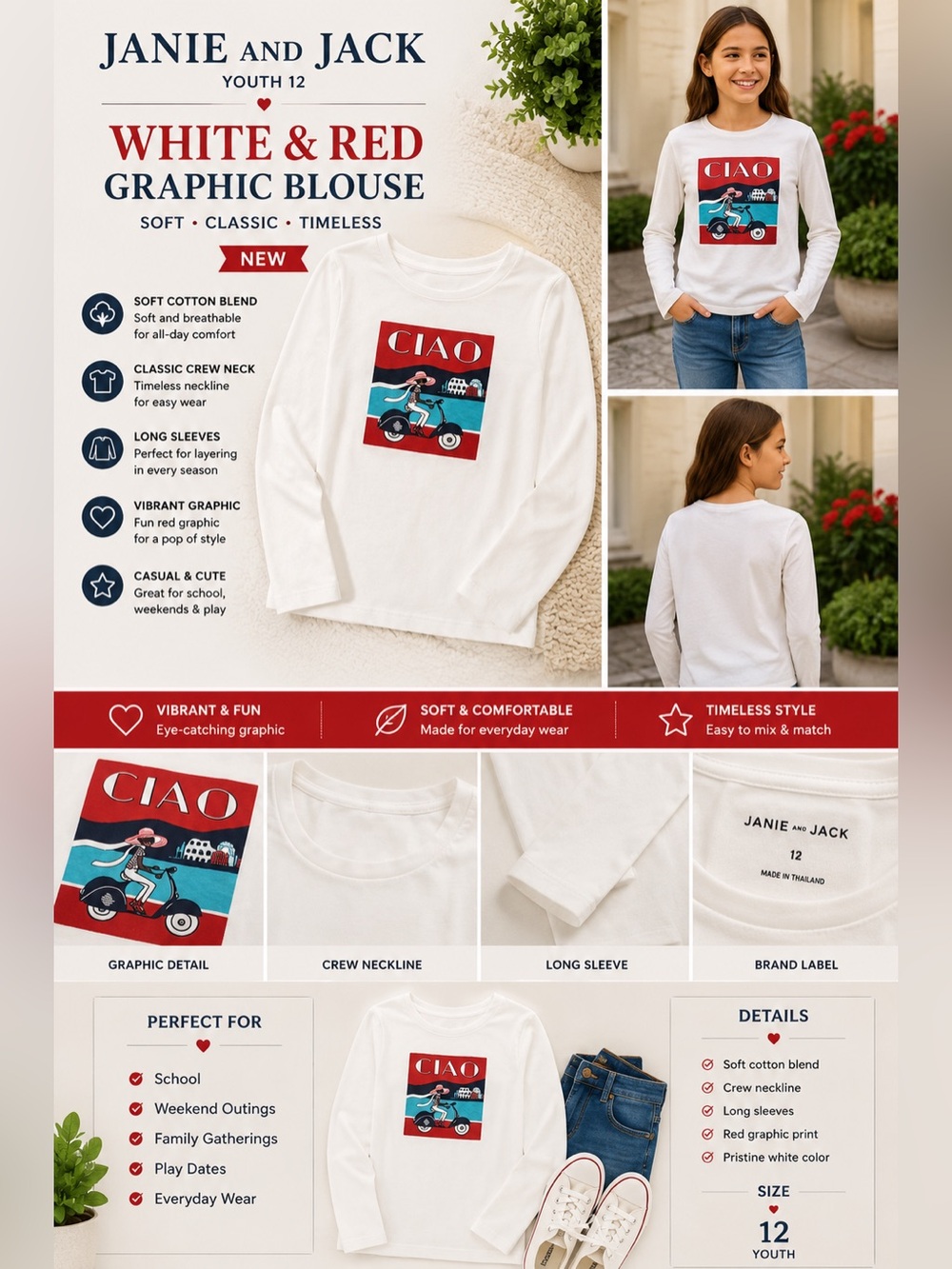 Janie and Jack White and Red Graphic Blouse Youth 12 NEW